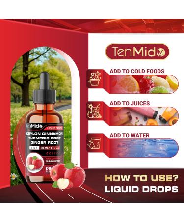Tenmido Ceylon Cinnamon Extract Liquid Drops - 7in1 with Turmeric Berberine HCl Ginger Apple Cider Vinegar Dandelion and Black Pepper - Vegan Non-GMO - 30ml 1 Fl Oz - Buy Online on GoSupps.com
