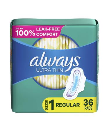 Always Ultra Thin Feminine Pads For Women, Size 1 Regular Absorbency, Multipack, With Wings, Unscented, 36 Count x 2 Packs (72 Count total) Sze 1 - 72 Count (2 PACK)