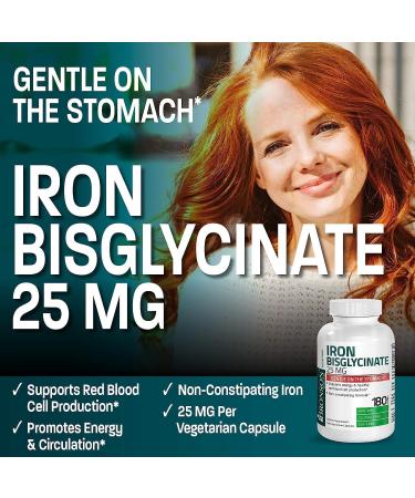 Iron Bisglycinate 25mg - Gentle on Stomach - Supports Energy & Red Blood Cell Production - Non-Constipating - Non GMO - 180 Vegetarian Capsules - Buy Online on GoSupps.com