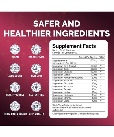 Magnesium Complex Magnesium Glycinate Elemental Magnesium Supplement with Oxide Taurate Citrate Orotate & Aspartate Supports Muscle Relaxation Heart Health Sleep & Energy | Vegan (500mg) Flavor500 500mg - Buy Online on GoSupps.com