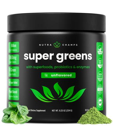 NutraChamps Super Greens Powder Premium Superfood | 20+ Organic Green Veggie Whole Foods | Wheat Grass Spirulina Chlorella | Antioxidant Digestive Enzyme & Probiotic Blends (9.0 Oz Unflavored) 9 Ounce (Pack of 1)