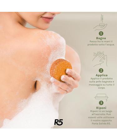 R5 - Kit 1 solid moisturizing shampoo + 1 solid shower gel + 2 solid shower holders in 100% recycled plastic - Two solids of 70g each (the equivalent of 4 bottles of 250ml). - Buy Online on GoSupps.com