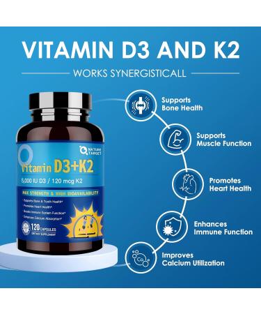 NATURE TARGET Vitamin D3 K2 with Calcium & Magnesium - 6-in-1 Complex - Max Strength for Bone, Heart & Immune - 5000 IU Vitamin D3, 120 mcg K2, Gluten-Free, 120 Servings 120 Count (Pack of 1) - Buy Online on GoSupps.com