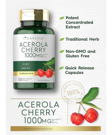 Carlyle Acerola Cherry Capsules | 1000mg | 150 Count | Non-GMO & Gluten Free Extract | Acerola Berry - Buy Online on GoSupps.com
