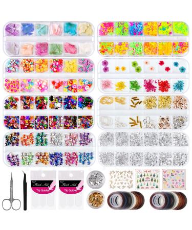 Asalle Nail Art Decorations with Gems, 8 Boxes Nails Rhinestones with Dried Flowers for Acrylic Nails Kit, Nail Design Kit with 3 Pcs Nail Art Stickers, Nail Glitter Sequins Multicolor