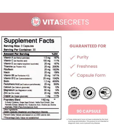 Vitasecrets Hair Skin & Nails Super Blend 90 Capsules with Biotin Collagen and Hyaluronic Acid for Healthy Hair Glowing Skin and Stronger Nails Non-GMO Gluten-Free Made in The USA - Buy Online on GoSupps.com