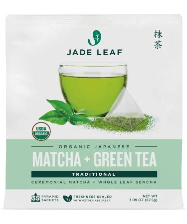 Organic Matcha + Green Tea Bags - Traditional | Ceremonial Matcha + Whole Leaf Sencha | 35 Pyramid Sachets | by Jade Leaf Traditional 35 Count (Pack of 1)