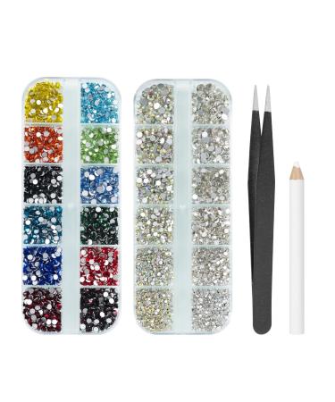 5280 Pcs Nail Art Rhinestones Set MAEXUS Flat Back Rhinestone Kits with Picker Pencil/ Tweezer for Nail Art Craft Face Make-up Home DIY And Professional Use (Colorful AB Color and Clear) Multicolor