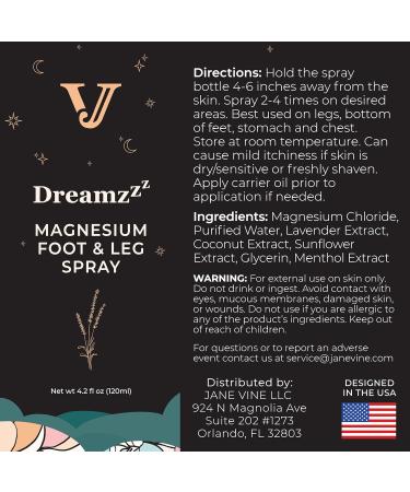 Jane Vine Dreamzzz Magnesium Spray for Feet and Sleep Blended Formula Magnesium Oil with Lavender & Coconut Oil - Topical Magnesium Body Foot and Leg Spray for Women - Reduced Stickiness - 4.2 oz - Buy Online on GoSupps.com
