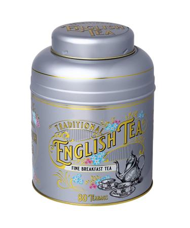 New English Teas Round Vintage Victorian Tea Caddy in Silver with 80 English Afternoon Teabags Tea 80 Count (Pack of 1)