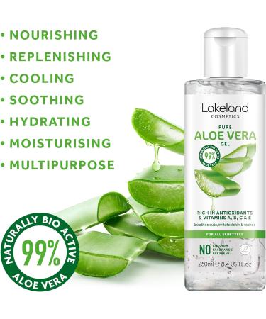 Lakeland Cosmetics Aloe Vera Gel 250ml - 100% Pure Natural Bio Active Aloe Gel | Soothes Cuts, Irritated Skin, Burns & Sunburn | After Sun Lotion for Face & Body - Buy Online on GoSupps.com