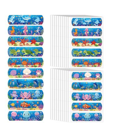 100Pcs Cartoon Bandages Flexible Adhesive Colorful Cute Bandages Waterproof Knuckle Fingertip Breathable Stickers Protection Care Cuts for Girls Boys Children Toddlers (Sea Animal)