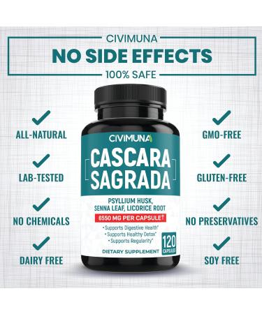 Cascara Sagrada Bark Extract Capsules 6550mg | 120 Capsules - 4 Months Supply | Senna Leaf Psyllium Husk Powder | CIVIMUNA - Buy Online on GoSupps.com