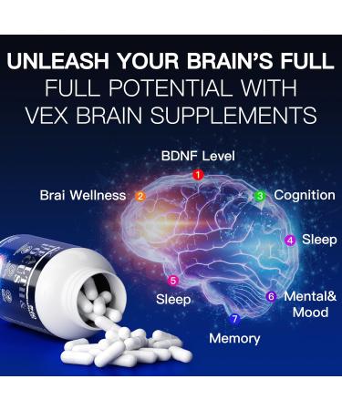 VEX Brain Supplements for Memory and Focus Contain Vitamin B12 folic Acid acetylcysteine Purslane Lion's Mane Mushroom and Ginkgo biloba extracts for Brain Health 60 Capsules - Buy Online on GoSupps.com