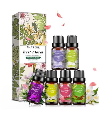 PHATOIL Fragrance Oils Set 6 x 10ml Fragrance Essential Oil Gift Set for Humidifier Aromatherapy Candle Making - White Musk Parma Violet Orange Blossom Japanese Magnolia Freesia Honeysuckle 6-piece | Best Floral Fragrance Oils Set