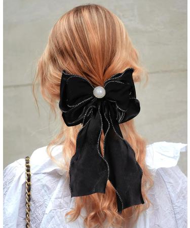 Silky Satin Big Bow Hair Barrette Set - 3PCS Champagne/Blue/Black Hair Clips for Women and Girls - Buy Online on GoSupps.com