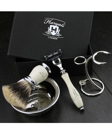 Ivory Men's 4-Piece Razor Set | MACH 3 Razors Silver Tip Brush & Stainless Steel Stand - Redesigned Elegance - Buy Online on GoSupps.com