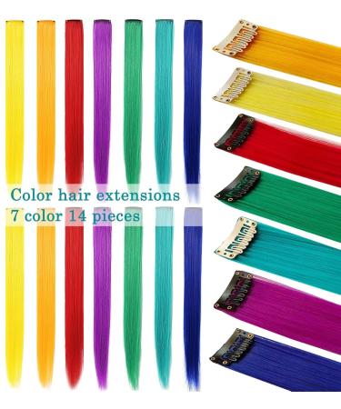 14pcs 21 Rainbow Hair Extensions Clip-in for Girls | Colorful Synthetic Hairpieces for Parties & Highlights - Buy Online on GoSupps.com