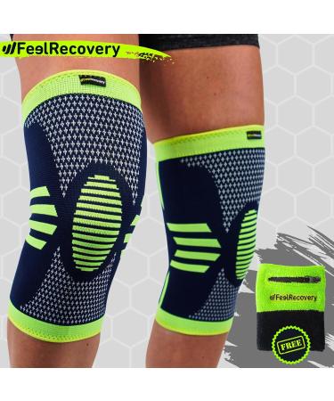 FEEL RECOVERY Knee Bandage - Compression Supports for Men & Women | Breathable Non-Slip Knee Brace for Pain Relief Arthrosis & Meniscus - 2 Pieces (Size S Green) - Buy Online on GoSupps.com