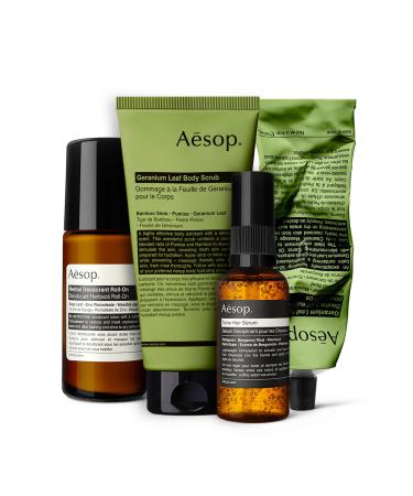 Aesop Body Care Essentials Kit - Geranium Leaf Body Balm (3.3 Fl Oz) + Geranium Leaf Body Scrub (6.1 Fl Oz) + Deodorant Roll-On (1.6) + Tame Hair Serum (2 Fl Oz) | Paraben, Cruelty-free & Vegan Body Care Essential Kit
