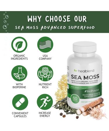 Organic Sea Moss Bladderwrack Burdock & BioPerine - 1405mg with Black Pepper - Natural Wellness and Detox Support Supplement - 60 Capsules - Buy Online on GoSupps.com