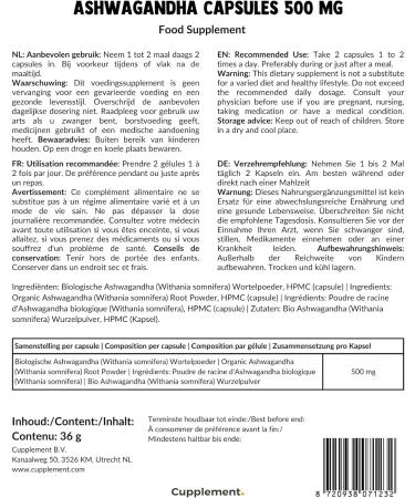 Cupplement | Ashwagandha Capsules 60 Pcs | 500 MG per Organic Capsules | Top Quality | Mushroom | 2 measurements per day - Buy Online on GoSupps.com