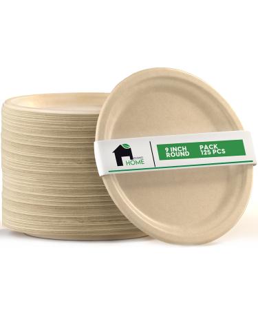 EconoHome 9 Inch Compostable Paper Plates 125-Pack - Eco-Conscious Disposable Plates Made of Bagasse or Sugarcane Fiber - Microwave, Refrigerator-Safe - Heavy Duty Paper Plates for Dinner 9" Round