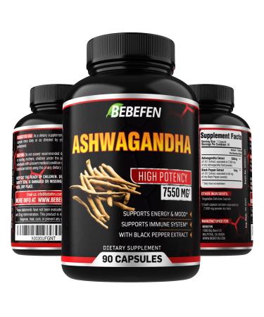 Ashwagandha Capsules - 7550mg Formula Pills with Black Pepper Extract - 90 Capsules Ashwagandha Supplement for Energy Support - 3 Months Supply
