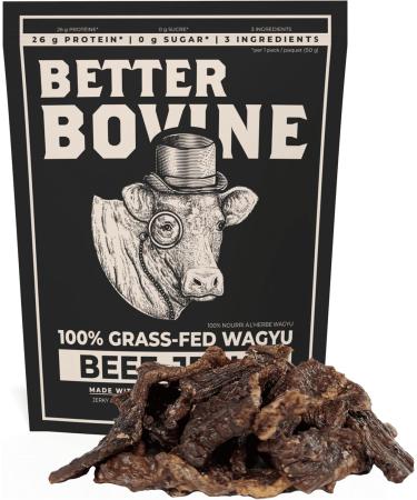 BETTER BOVINE Grass Fed Wagyu Beef Jerky Keto Paleo Low Carb High Protein Gluten Free Sugar Free Non-GMO Nitrate Free Preservative Free No Antibiotics No Added Hormones 26g Protein 0g Carbs 180 Calories Salt and Pepper 5 Pack - Buy Online on GoSupps.com