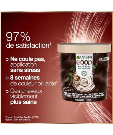 Garnier - Coloration Permanente - Sans Ammoniaque - 90% d'Ingr dients d'Origine Naturelle et Formule Vegan - Beurre de Karit - 100% Couverture Cheveux Blancs - Ch tain Acajou Prune (4.52) - Good CHATAIN ACAJOU PRUNE 4.52 - Buy Online on GoSupps.com