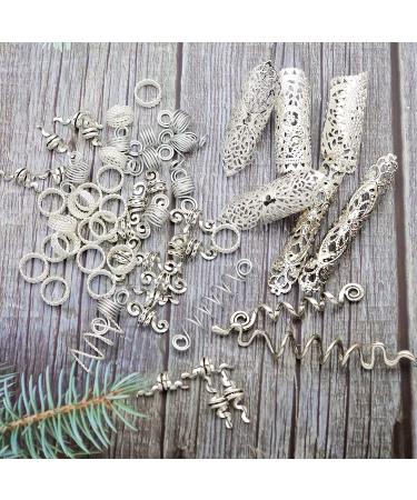 Dreadlocks Jewelry Set - 58 Pieces Pirate Beard Tube Beads, Swirl Filigree Cuff Rings, Hair Decoration - Silver Dread Locs Accessories - Buy Online on GoSupps.com