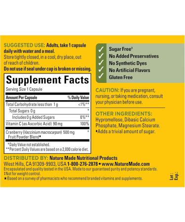 Nature Made Cranberry Supplement 500mg with Vitamin C for Immune & Antioxidant Support Cranberry Blend for Urinary Tract Health One Per Day 60 Capsules - Buy Online on GoSupps.com