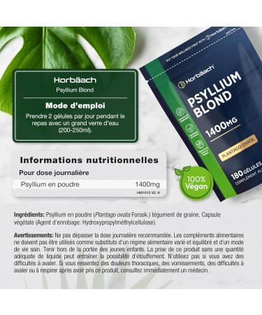 Psyllium Blond Gelules 1400 mg | 180 Gelules Vegan | Fibre de Husk Haute Dosage | Pr biotique naturel | Horbaach - Buy Online on GoSupps.com