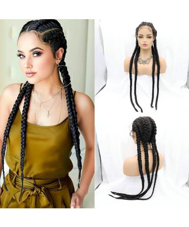 Rainahair braided top wig for black women black color 4 x shot braids wig with baby hair heat-resistant fiber wig for drag queen (81.3 cm black color)