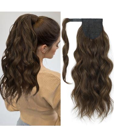 KooKaStyle Long Wavy Wrap Around Ponytail Extension Fluffy Clip in Synthetic Pony Tails Hair Pieces 20 Inch with Front Side Bangs for Women Daily Use 20 Inch Medium Brown