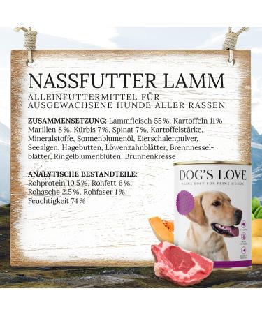 DOG'S LOVE Premium Wet Food - Adult Lamb - Complete Menu Rich and Healthy - Food Grade Dog Food - All Raw Materials - 100% Grain Free (6 - Buy Online on GoSupps.com
