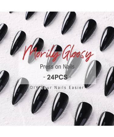 Morily 24Pcs Black Stiletto Press on Nails Medium Length - Almond False Nails Tips for Women & Girls - Buy Online on GoSupps.com
