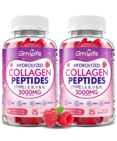 2 Pack Collagen Gummies for Women & Men Sugar-Free Hydrolyzed Collagen Peptides with Antioxidant Blend & Digestive Enzymes Multi Collagen(Type I II III V X) for Skin Hair Nails Raspberry 120 Count