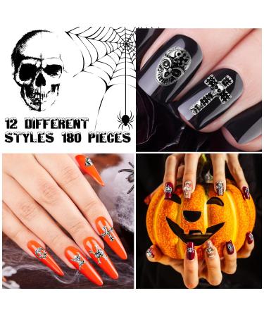 180 Pieces 3D Halloween Nail Art Charms - Skull Cross Ghost Bat Skeleton & Rhinestones - Metal Vintage Alloy Nail Decor for DIY Halloween Nails (Silver - Buy Online on GoSupps.com