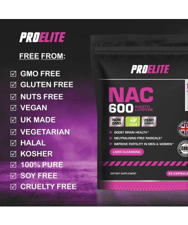Pure NAC N Acetyl Cysteine 600mg 30 Capsules Vegan Amino Acid L-Cysteine Supplement Replenishes Antioxidant Glutathione Made in UK by PROELITE - Buy Online on GoSupps.com