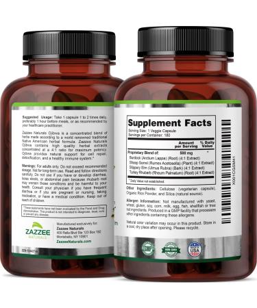 Zazzee Extra Strength Ojibwa Tea 500mg - 180 Vegan Capsules - Rene Caisse's Original Formula with Burdock, Sheep Sorrel, Slippery Elm, Turkey Rhubarb - Potent 4:1 Extracts - Vegan, Non-GMO, All-Natural - Buy Online on GoSupps.com