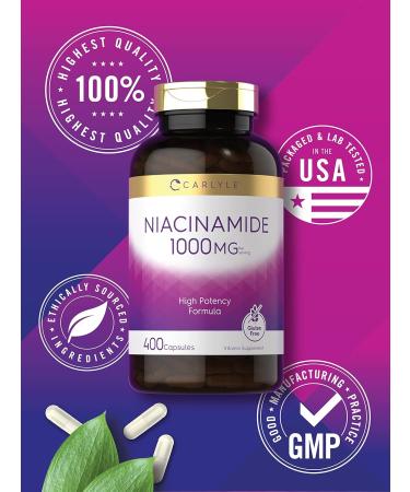 Carlyle Niacinamide Vitamin B3 1000mg - 400 Capsules | High Potency Non-GMO Gluten Free Supplement - Buy Online on GoSupps.com