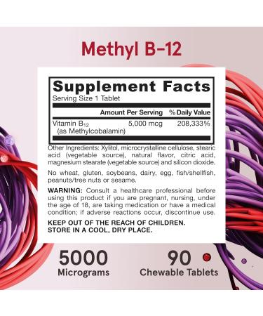 Jarrow Formulas Maximum Strength Methyl B-12 5000 mcg Dietary Supplement - 90 Cherry Chewable Tablets - Bioactive Vitamin B-12 - Supports Cellular Energy Production Sleep & Brain Health (Pack of 12) 6 Count (Pack of 180) S  - Buy Online on GoSupps.com