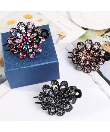 WYCHUN 3PCS Womens French Curved Duckbill Hair Clips with Flower Rhinestone Design - Multi-colored | Stylish Barrettes for Thick Hair - Buy Online on GoSupps.com
