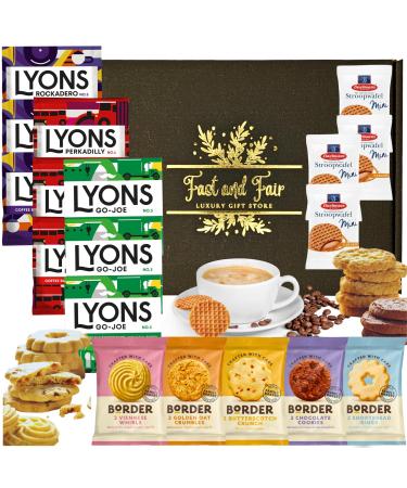 Coffee Gift Set - Variety Selection of Lyons Coffee Bags Bundled with Border Biscuits and Indulgent Caramel Stroopwafels - 18 Items in Gold Embossed Gift Box