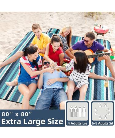 ZAZE Picnic Blanket Beach 80''x80'' - Waterproof, Sandproof, Machine Washable, 3-Layered Mat for Camping, Travel, Park - Blue/White Stripe - Buy Online on GoSupps.com