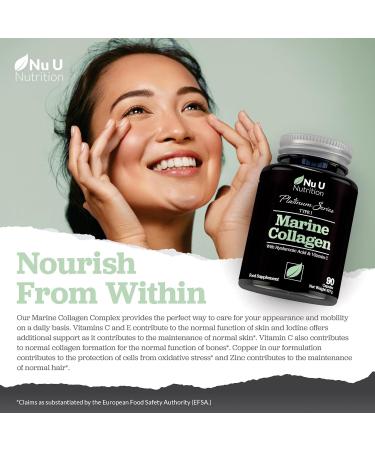 Marine Collagen with Hyaluronic Acid Vitamin C - 90 Hydrolyzed Capsules (not Tablets) - Premium High Strength Collagen Supplements for Women & Men - Type 1 Marine Collagen - Nu U Nutrition - Buy Online on GoSupps.com
