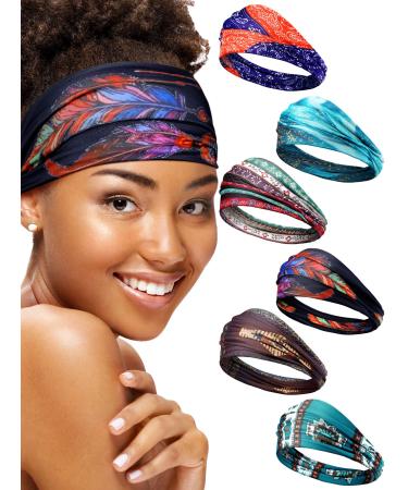 6 Pieces African Headband Boho Print Headband Yoga Sports Workout Hairband Elastic Twisted Knot Turban Headwrap for Women Girls Hair Accessories (Vintage Prints)