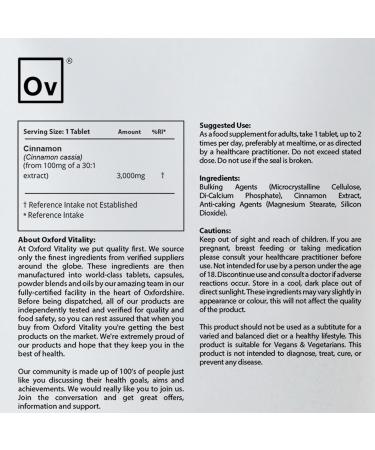 Cinnamon Extract 3000mg | High Strength | Blood Sugar & Digestion Aid | Oxford Vitality UK 365 count (Pack of 1) - Buy Online on GoSupps.com