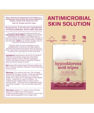 BASE LABORATORIES Hypochlorous Acid Wipes - Saline Solution Skin & Face Cleansing Wipes | Soothes Irritations Acne & Eczema | 75 Wipes Pack - Buy Online on GoSupps.com